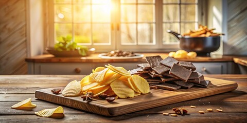 Golden Potato Chips and Brown Squares on a Rustic Wooden Cutting Board in a Sunny Kitchen