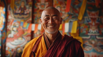 Fototapeta premium A portrait of a Tibetan monk smiling softly, surrounded by the vibrant colors of a monastery's murals and prayer flags, his peaceful aura radiating outward