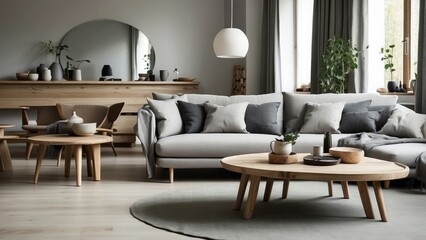 Scandinavian home interior with a grey-pillow sofa and rustic round wood table, creating a warm, modern living room.-