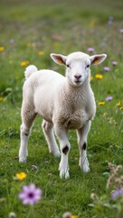 Obraz premium Lamb standing in a meadow of wildflowers background for invitation or card screensaver