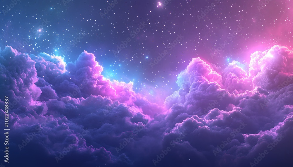 Poster a vibrant, dreamy scene of colorful clouds illuminated by stars, creating a mystical cosmic atmosphe