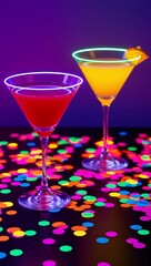 Neon confetti and glowing cocktail glasses background for invitation or card screensaver