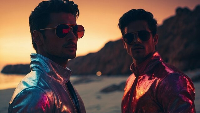 
two handsome men on the beach - beautiful friends on the beach - bromance on the beach - hot guys on the beach - men on the beach at night -  beach of the future - rave on the beach.