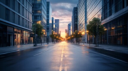 Empty Street Lined with Modern Glass Buildings at Dawn