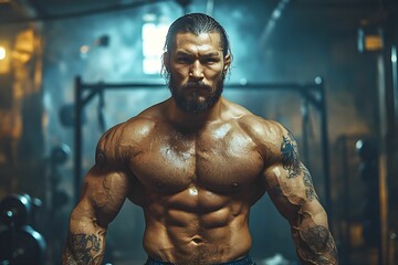 Muscular bodybuilder performing standing at the gym, showcasing defined muscles. Young muscular bodybuilder guy demonstrates his muscles isolated on gym background.