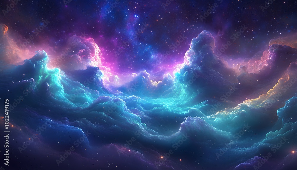 Poster a vibrant cosmic scene featuring colorful clouds and stars, evoking a sense of wonder and the vastne