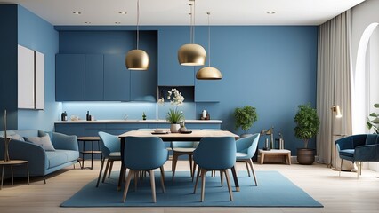 Contemporary apartment design in 3D, showcasing an empty living room with a blue wall and a dining room setup.-