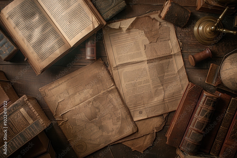 Poster a collection of ancient books and scrolls rests on a wooden table, showcasing historical artifacts a