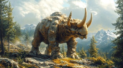 Fototapeta premium Stone Rhino Fantasy Creature: Majestic Beast in a Mountainous Landscape