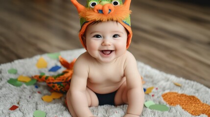 Happy Baby in Colorful Dragon Hat Sitting on Floor