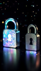 A colorful holographic lock on a black background with bokeh sparkles.