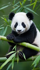 Obraz premium Panda cub resting on a bamboo branch background for invitation or card screensaver