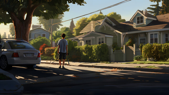 Teen practicing parallel parking on a quiet suburban street