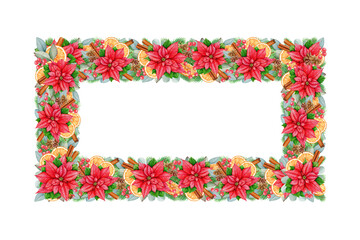 Winter season floral frame decor vintage style illustration. Hand drawn bright Christmas decoration with pine, eucalyptus, poinsettia flower, orange slices, cinnamon. Winter festive decor isolated