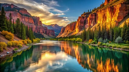 Obraz premium Golden Reflections on a Serene Mountain River, with a Blanket of Trees and Dramatic Cliffs