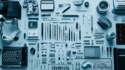 A flat lay composition featuring a variety of office supplies, tools, and gadgets arranged on a light blue background.