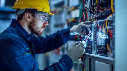 A technician maintaining electrical systems in a manufacturing plant, using specialized tools to ensure optimal performance,