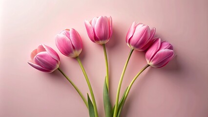 Fototapeta premium A cluster of four delicate pink tulips on a soft blush background, their petals unfurling like whispered secrets.