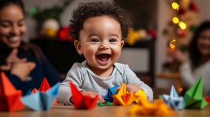 Baby Playing with Colorful Paper Crafts