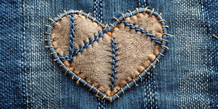 A meticulously stitched heart-shaped patch adorns a rugged denim fabric, showcasing the resilience and enduring beauty of handcrafted mending.