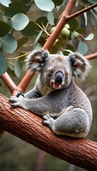 Obraz premium Sleepy koala resting in a eucalyptus tree background for invitation or card screensaver
