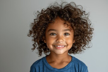 professional portrait of happy mixed race child with curly hair laughing in blue shirt on white background for ads and web design ai generative