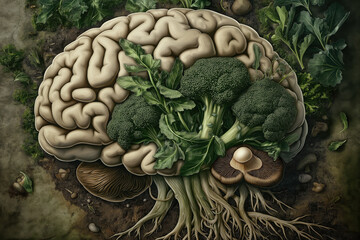 Brain shaped garden featuring broccoli, leaves, and mushrooms in an imaginative artistic design