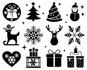 set of christmas icons vector silhouette illustration black. gift box, reindeer Christmas elements collection. holiday Christmas symbols 