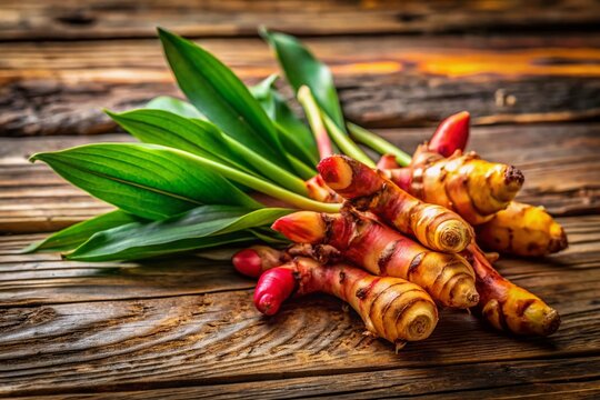 Galanga Root on Wooden Background - Aromatic Herb for Culinary and Medicinal Uses