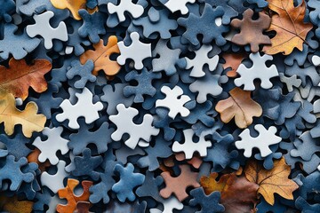 Colorful Puzzle Pieces Among Autumn Leaves
