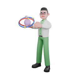 3D Model of Professional Male Biologist. A male biologist stands holding an interactive model of the structure of an atom, showing the orbits of electrons around the nucleus of an atom. Ecology Chara