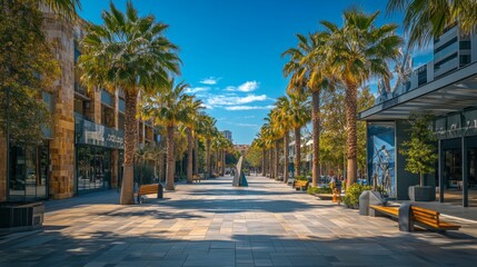 Fototapeta premium Palm Trees Lining a Stone-Paved Street in a Modern City Center