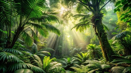 Golden rays of sunlight pierce through the dense canopy of a lush, verdant jungle, illuminating the intricate network of foliage and casting long shadows on the forest floor.