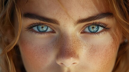 Fototapeta premium Close-up Portrait of a Woman with Blue Eyes and Freckles