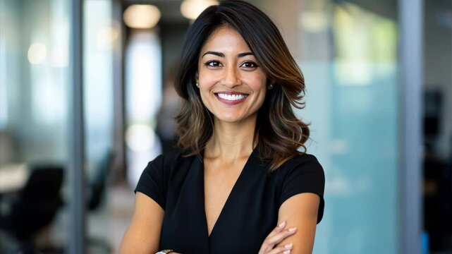 A confident businesswoman with arms crossed, smiling warmly in a well-lit office setting Close-up photo with clean background	
