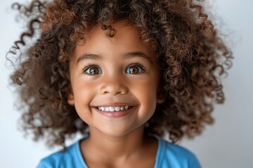 adorable mixed race girl child smiling with curly hair in blue shirt, isolated on white background, professional studio portrait for advertisements and web design