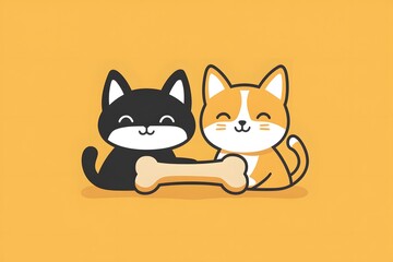 Two Cartoon Cats Sharing a Bone on a Yellow Background