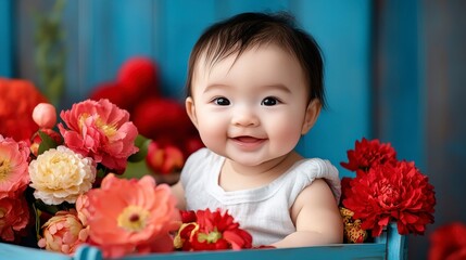 Adorable Baby Sitting Among Colorful Flowers