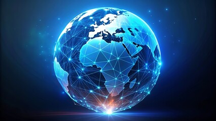 Fototapeta premium A glowing blue and white globe on a dark blue background, connected by a network of bright blue lines, representing the global interconnectedness of modern communication and data transfer.