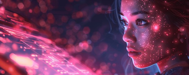 Businesswoman Using Tablet with AI Technology, Managing Big Data and Digital Information, Software Development and Network Security in an Office