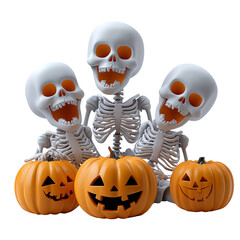 A cartoon-style Halloween illustration featuring a jack-o'-lantern, a skeleton holding a pumpkin, and a skull, with spooky and playful holiday characters