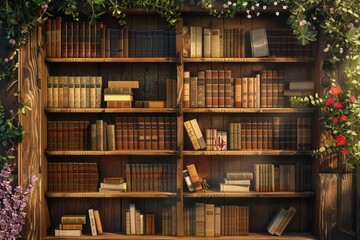 Wooden shelves filled with various textbooks and academic literature, complemented by vibrant greenery and decorative flowers nearby. Generative AI