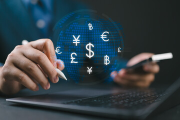 Businessman holding virtual world with currency sign for forex exchange and global money transfer...