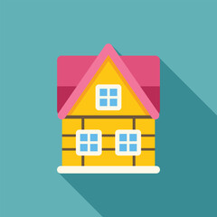 Minimalist vector illustration of a yellow wooden house with a pink roof, casting a long shadow on a blue background