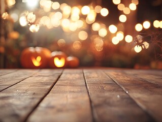 2408 19.A close-up of an empty wooden tabletop, with a blurred background filled with glowing Halloween decorations. The soft light from pumpkin lanterns and spider webs creates a cozy autumn night