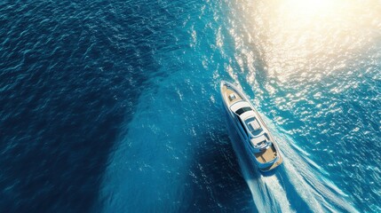 A sleek boat navigates tranquil blue waters, leaving a sunlit wake, evoking serenity and the allure of open sea exploration.