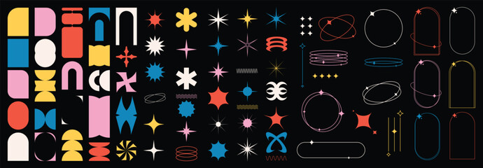 Brutalist abstract geometric shapes and grids. Brutal contemporary figure star oval spiral flower and other primitive elements. Swiss design aesthetic. Bauhaus memphis design.