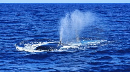 A humpback whale breaches the surface of the ocean, its tail fin visible, creating a spray of water.