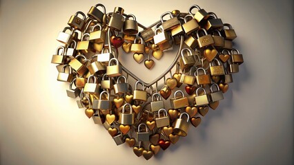 Heart-shaped Padlock Arrangement on White Background - Love Symbolism in Silhouette Photography
