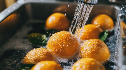 A vibrant shot of oranges being washed under running water in a kitchen sink.